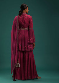 Fuchsia Pink Peplum Top And Sharara Set With Zari Work