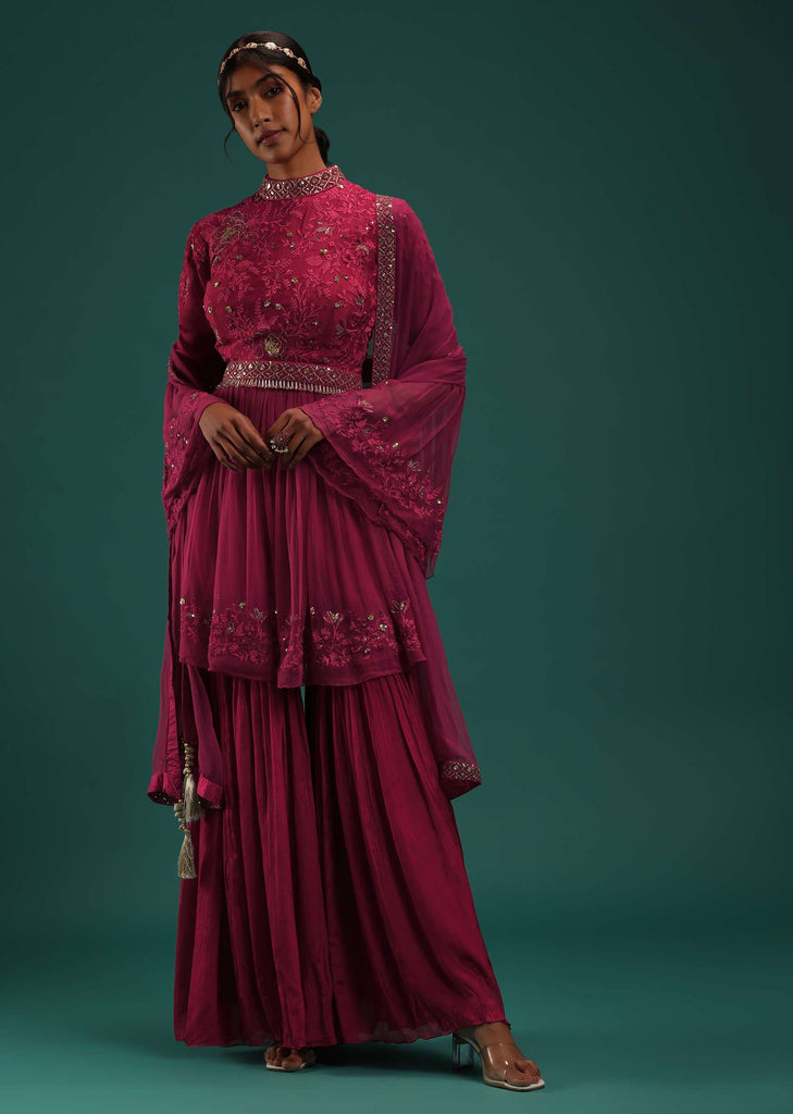 Fuchsia Pink Peplum Top And Sharara Set With Zari Work