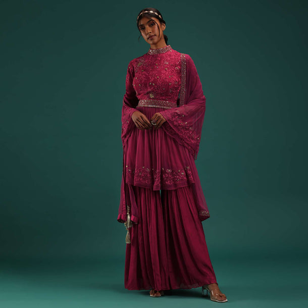 Fuchsia Pink Peplum Top And Sharara Set With Zari Work