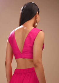 Fuchsia Pink Sleeveless Blouse In Raw Silk With Plunging Neckline