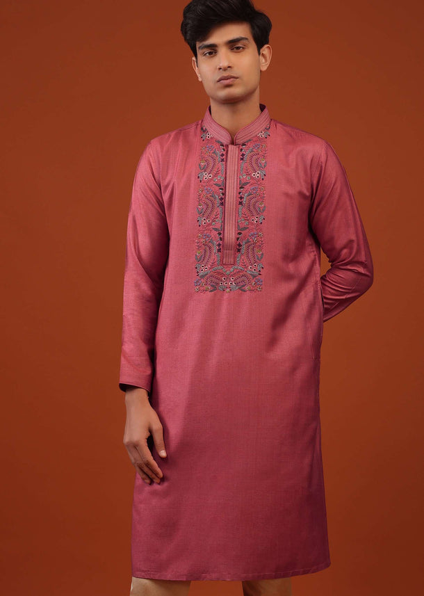 Fuchsia Pink Thread Woven Kurta Set In Cotton Silk