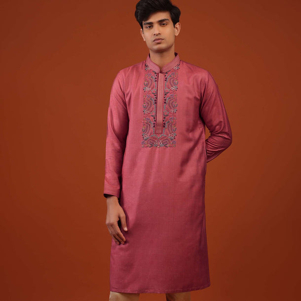 Fuchsia Pink Thread Woven Kurta Set In Cotton Silk