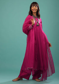 Fuchsia Pink Satin A Line Palazzo Suit With Multi-Colored Cut Dana Work On The Cuff