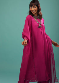 Fuchsia Pink Satin A Line Palazzo Suit With Multi-Colored Cut Dana Work On The Cuff