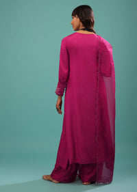 Fuchsia Pink Satin A Line Palazzo Suit With Multi-Colored Cut Dana Work On The Cuff