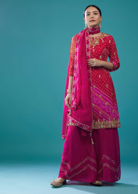 Fuschia Pink Embroidered Bandhani Palazzo Set In Georgette