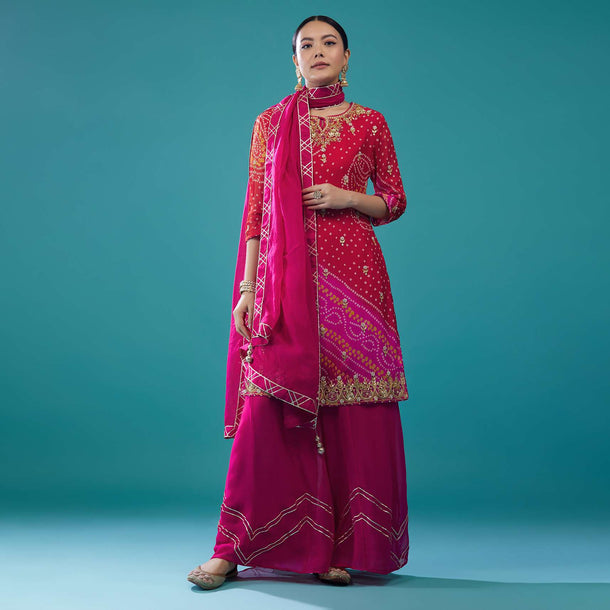 Fuschia Pink Embroidered Bandhani Palazzo Set In Georgette