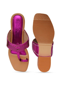 Fuschia Pink Kolhapuri Flats With Silver Hand Embroidery