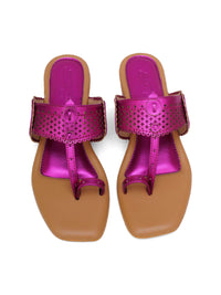Fuschia Pink Kolhapuri Flats With Silver Hand Embroidery
