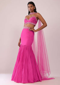 Fuschia Pink Lehenga And Hand Embroidered Blouse Set In Crepe