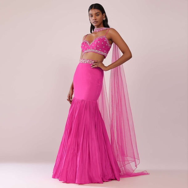 Fuschia Pink Lehenga And Hand Embroidered Blouse Set In Crepe