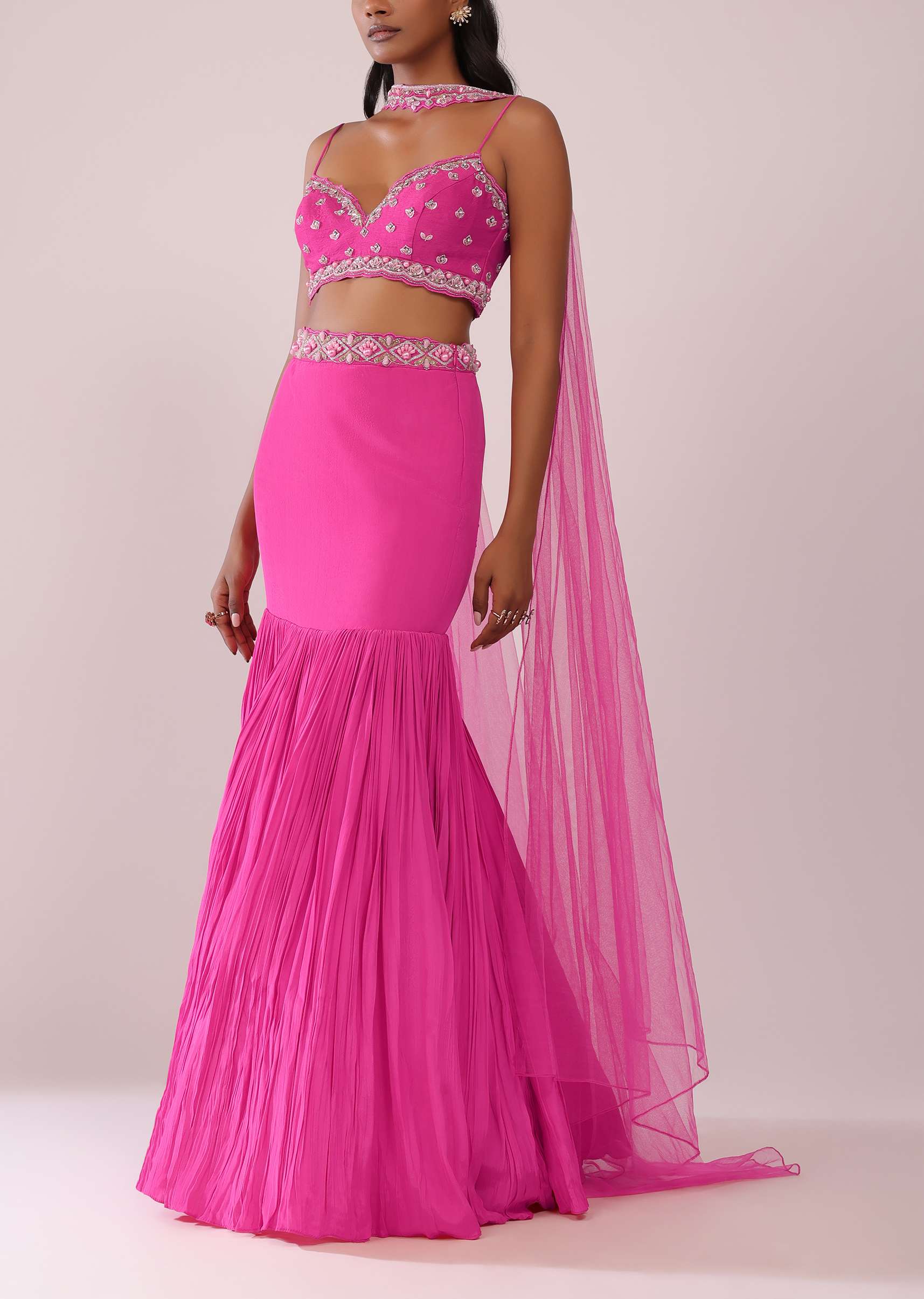 Fuschia Pink Lehenga And Hand Embroidered Blouse Set In Crepe