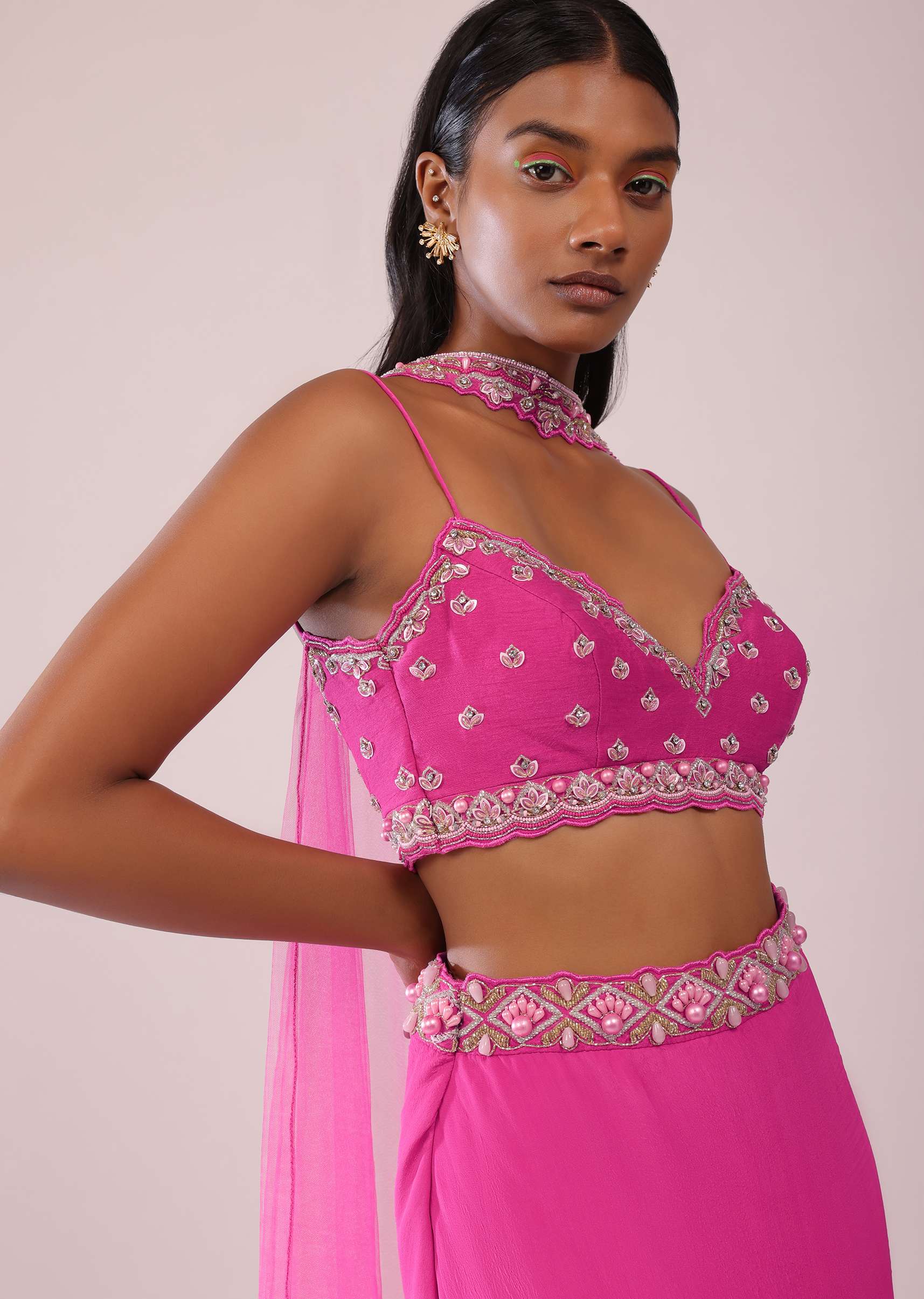 Fuschia Pink Lehenga And Hand Embroidered Blouse Set In Crepe