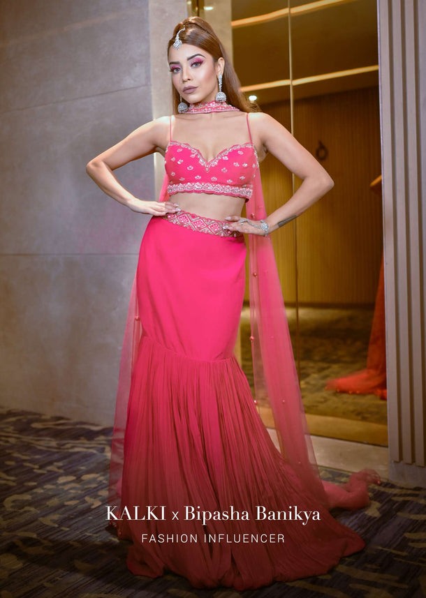 Fuschia Pink Lehenga And Hand Embroidered Blouse Set In Crepe