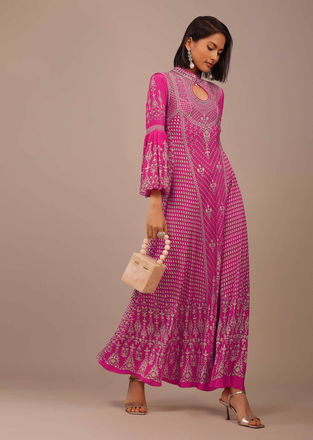 Fuschia Pink Printed Anarkali Kurti With Stone Work In Crepe