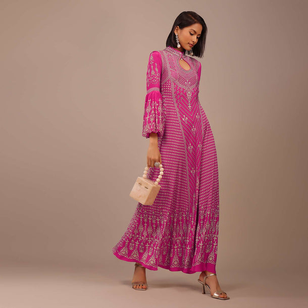 Fuschia Pink Printed Anarkali Kurti With Stone Work In Crepe