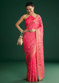 Gajari Dola Silk Saree With Floral Embroidery And Lehariya Print