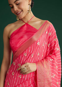 Gajari Dola Silk Saree With Floral Embroidery And Lehariya Print