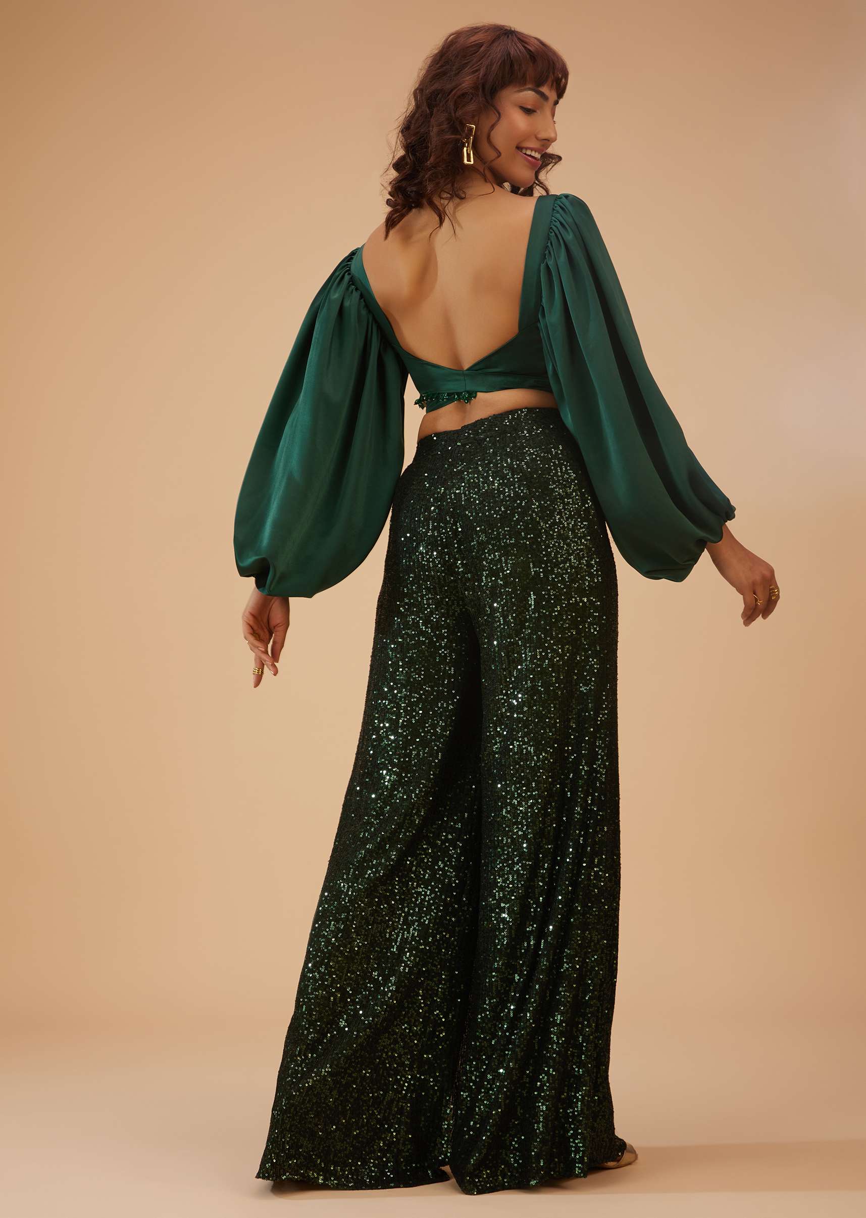 Bottle Green Palazzo And Crop-Top Set