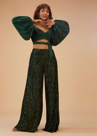 Bottle Green Palazzo And Crop-Top Set