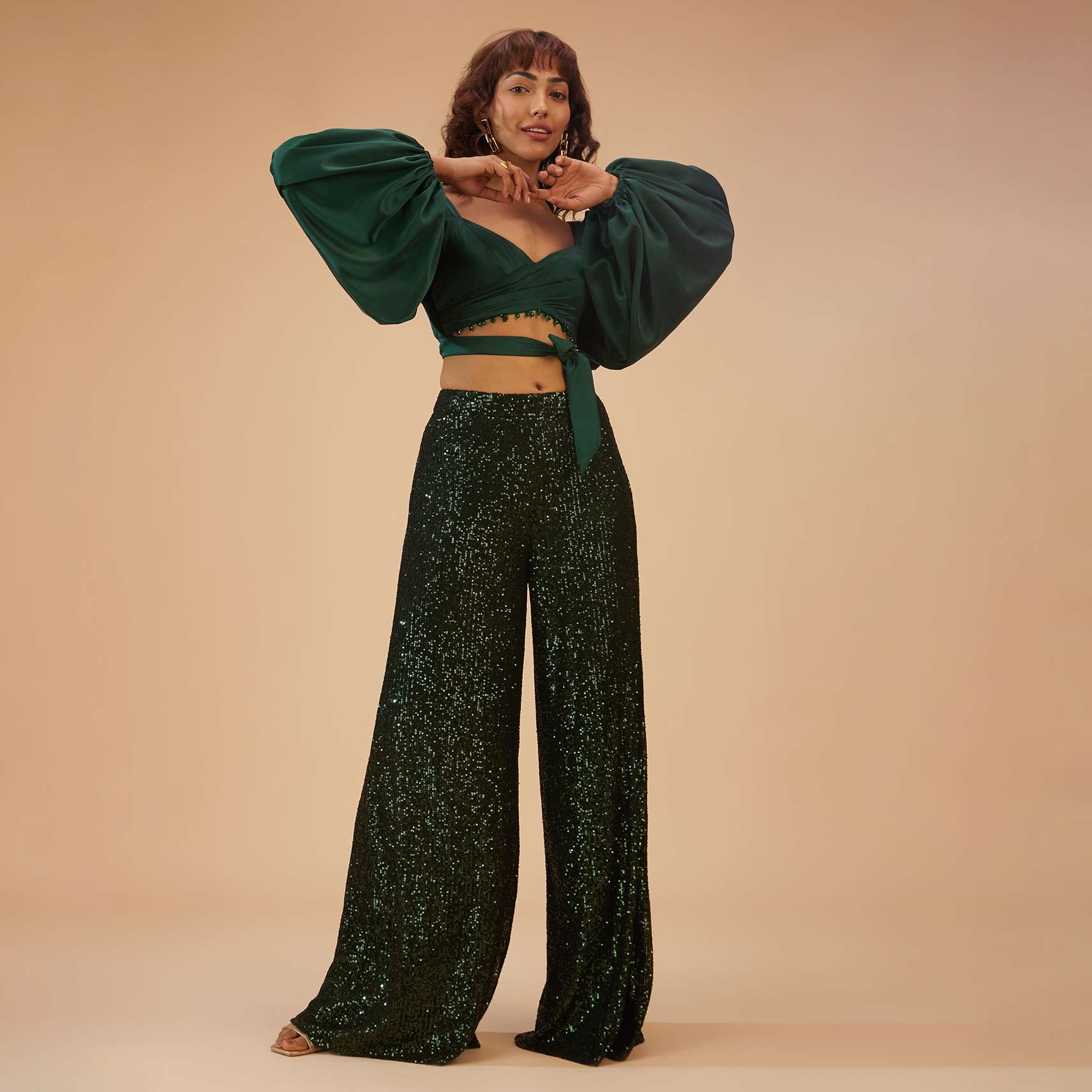 Bottle Green Palazzo And Crop-Top Set