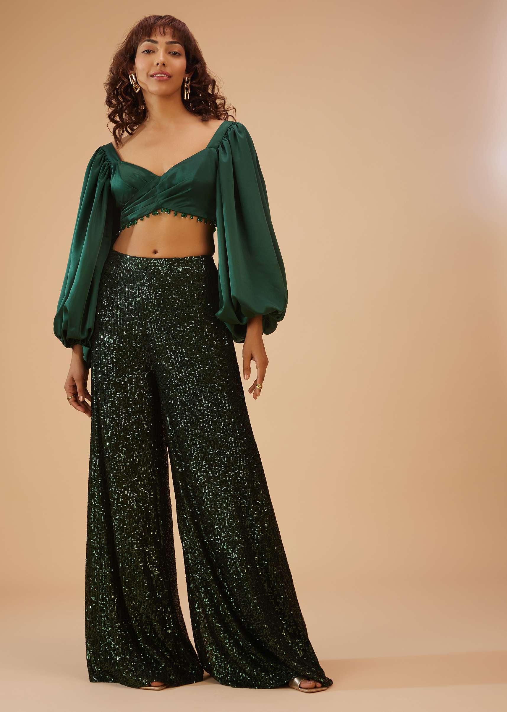 Bottle Green Palazzo And Crop-Top Set