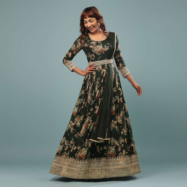 Deep Green Embroidered Anarkali Suit With Vintage Floral Print In Georgette