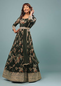 Deep Green Embroidered Anarkali Suit With Vintage Floral Print In Georgette