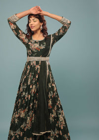 Deep Green Embroidered Anarkali Suit With Vintage Floral Print In Georgette