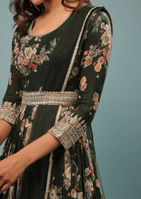 Deep Green Embroidered Anarkali Suit With Vintage Floral Print In Georgette