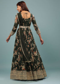 Deep Green Embroidered Anarkali Suit With Vintage Floral Print In Georgette