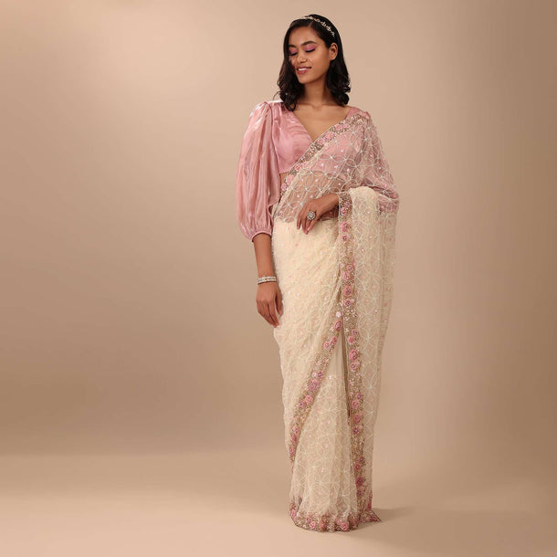 Pearl White Saree Fully Embroidered In Net Fabric