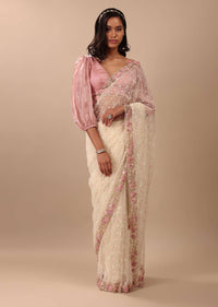 Pearl White Saree Fully Embroidered In Net Fabric