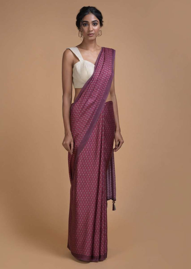 Garnet Pink Saree In Satin Blend With Printed Floral Buttis All Over