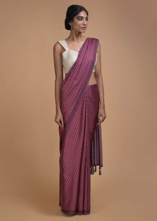 Garnet Pink Saree In Satin Blend With Printed Floral Buttis All Over