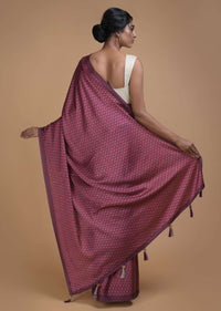 Garnet Pink Saree In Satin Blend With Printed Floral Buttis All Over