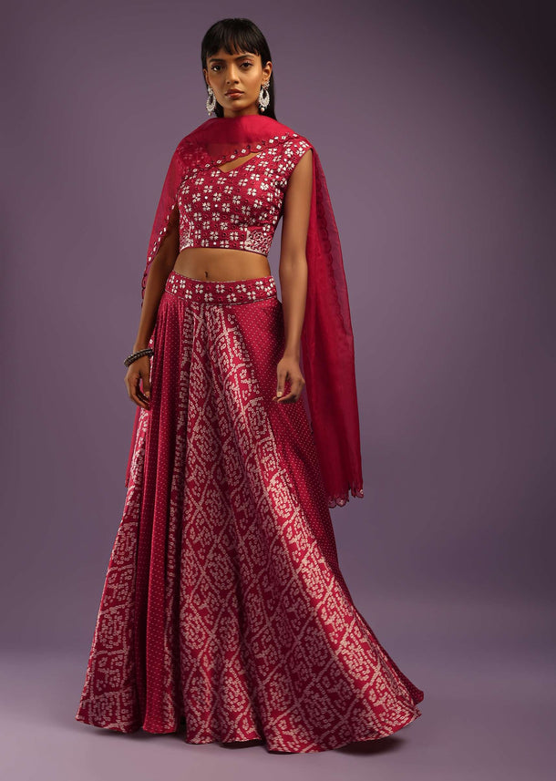 Garnet Red Skirt In Satin Blend With Bandhani Print And Abla Embroidered Crop Top