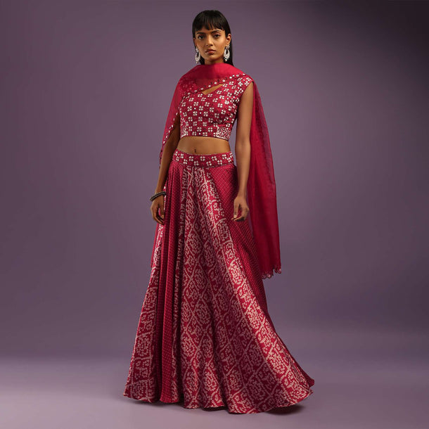 Garnet Red Skirt In Satin Blend With Bandhani Print And Abla Embroidered Crop Top