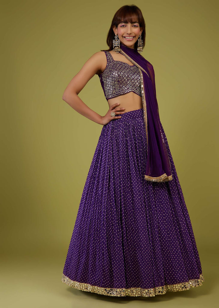 Violet Purple Bandhani Print Lehenga Set In Georgette With Mirror Work