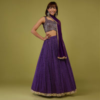 Violet Purple Bandhani Print Lehenga Set In Georgette With Mirror Work