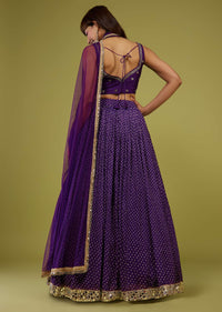 Violet Purple Bandhani Print Lehenga Set In Georgette With Mirror Work