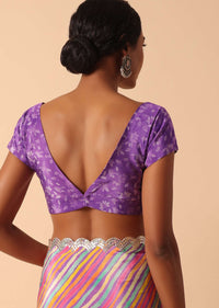 Geometric Printed Purple Muslin Saree With Unstitched Blouse Fabric