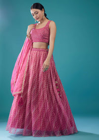 Rouge Pink Embroidered Leheriya Lehenga Set In Hot Pink