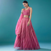 Rouge Pink Embroidered Leheriya Lehenga Set In Hot Pink