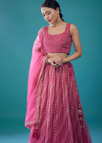 Rouge Pink Embroidered Leheriya Lehenga Set In Hot Pink