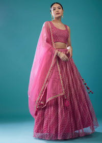 Rouge Pink Embroidered Leheriya Lehenga Set In Hot Pink