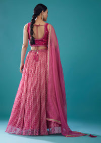 Rouge Pink Embroidered Leheriya Lehenga Set In Hot Pink