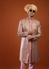 Onion Pink Silk Embroidered Sherwani Set