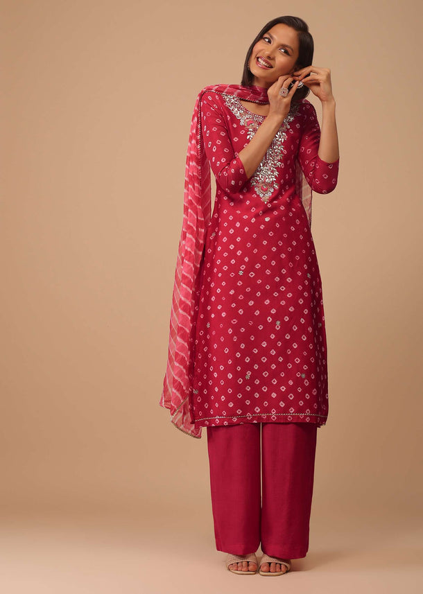 Carmine Red Embroidered Bandhani Printed Chanderi Palazzo Suit With Leheriya Dupatta