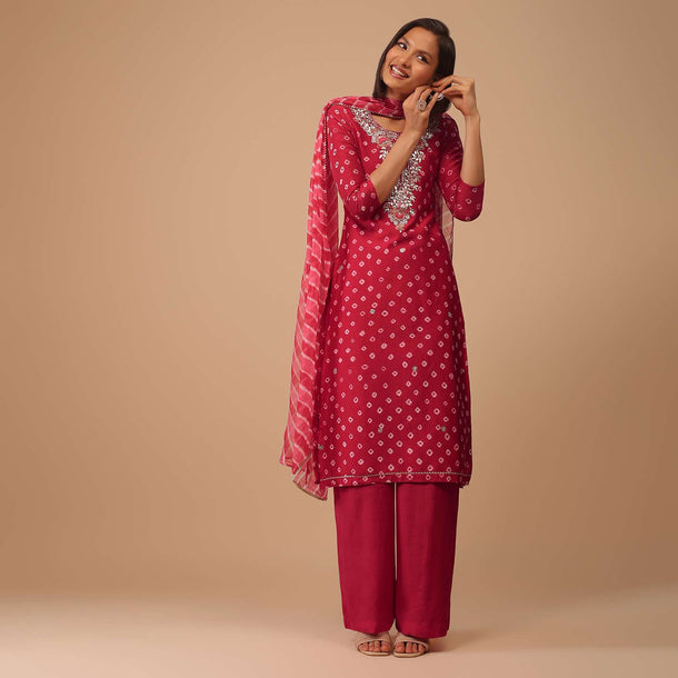 Carmine Red Embroidered Bandhani Printed Chanderi Palazzo Suit With Leheriya Dupatta